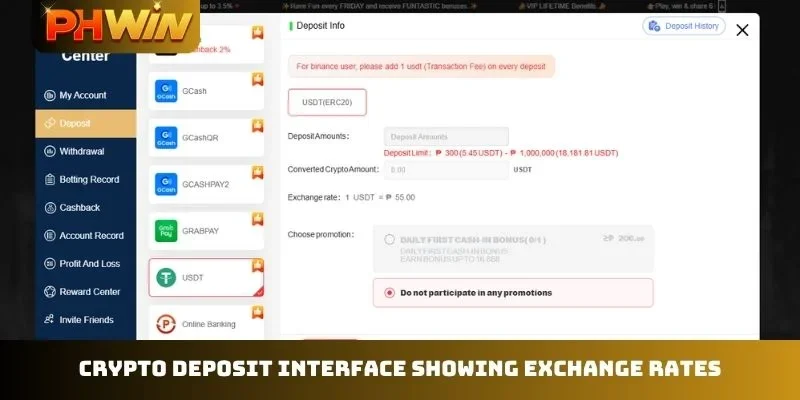 Crypto deposit interface showing exchange rates