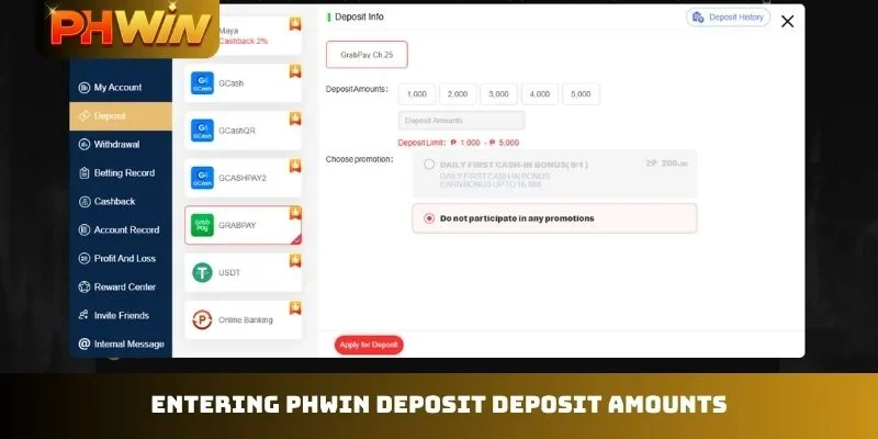 Entering PHWIN deposit deposit amounts