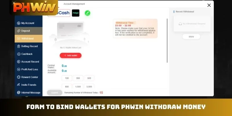 Form to bind wallets for PHWIN withdraw money