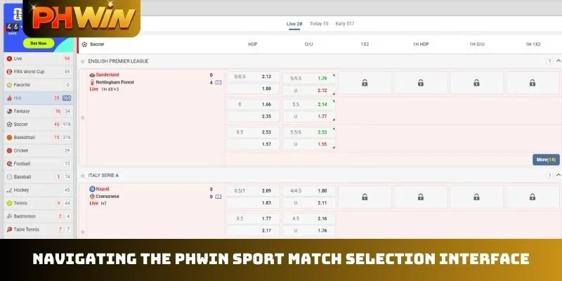 Navigating the PHWIN Sport match selection interface