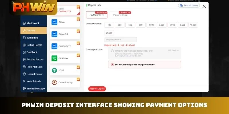 PHWIN deposit interface showing payment options