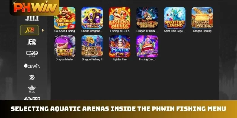 Selecting aquatic arenas inside the PHWIN Fishing menu