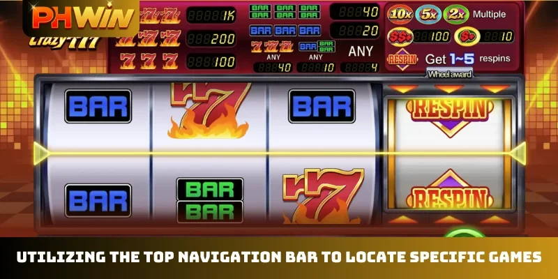 Utilizing the top navigation bar to locate specific games